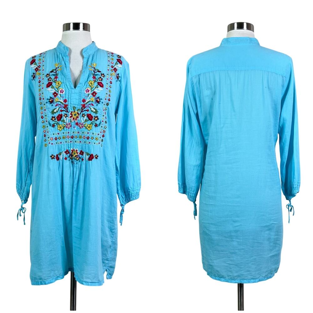 Johnny Was | Embroidered Blue Boho Floral Mini Relaxed Fit Tunic Dress XS